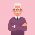 Elderly gray-haired man with a mustache and glasses is standing with his arms crossed. Handsome old grandfather