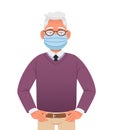 Elderly gray-haired man is wearing glasses and a protective mask. Handsome old grandfather. Portrait of a successful confident