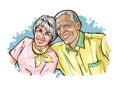 Elderly gray-haired spouses sit shoulder and smile happily