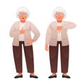 An elderly gray-haired woman with glasses shows a gesture of approval and disapproval. Likes and dislikes. Good and bad