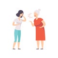 Elderly gray haired woman yelling at frustrated young woman, mother scolding her adult daughter vector Illustration on a