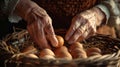 Elderly Hands Collecting Fresh Eggs.AI generated image Royalty Free Stock Photo