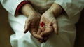 Elderly hands cupping a red cross symbol, suggesting care, health aid, or medical assistance