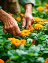 Elderly hands gently care for vibrant orange flowers in a lush garden, symbolizing nurturing and the beauty of age