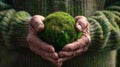 Elderly Hands Holding a Mossy Globe. AI generated Royalty Free Stock Photo
