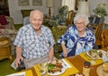 Elderly happily married couple celebrating the wife`s 87th birthday in their home. Royalty Free Stock Photo