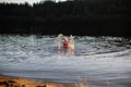 An elderly happy woman is having fun swimming in the river. Royalty Free Stock Photo