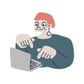 Elderly happy woman with laptop. The old lady is typing on the computer. Vector fully editable isolated illustration on Royalty Free Stock Photo