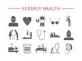 Elderly health flat icons set. Vector infographics.