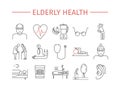 Elderly health line icons set. Retirement cartoon vector design. Vector infographics.