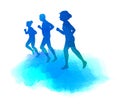 Elderly health logo. Group of seniors running silhouette on watercolor background. Digital art painting