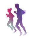 Elderly health logo. Group of seniors running silhouette on watercolor background. Digital art painting