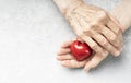 Elderly heart health. Wrinkled hands holding red heart symbol.