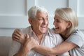 Elderly hoary couple embracing sitting on couch indoors Royalty Free Stock Photo