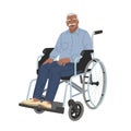 An elderly Indian man in a blue shirt and blue trousers is sitting in a wheelchair. Disability and independent movement