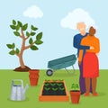 Elderly interracial couple gardeners vector illustration. Senior aged people man woman stand hugging in garden. Planted