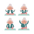 Elderly lady is doing stretching, fitness, yoga set. Vector illustration