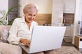 Elderly lady working with laptop. Portrait of beautiful older woman working laptop computer indoors. Senior woman using laptop at Royalty Free Stock Photo