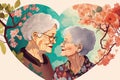 elderly lesbian couple, smiling, background is filled with vibrant spring flowers and heard shape Royalty Free Stock Photo