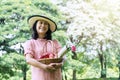 Elderly lifestyle concept. senior women 50s with hat while holding fruit basket and bouquet of flower in her Royalty Free Stock Photo