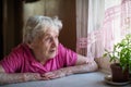 Elderly lone woman looks sadly out the window Royalty Free Stock Photo