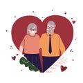 Elderly loving couple stands in heart. Old married pair hugs and rejoices. Love story and family relationship concept