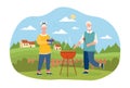 Elderly Male And Female Characters Are Cooking BBQ Meat In Garden Together