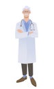 Elderly male physician standing with crossed hands. Doctor in white coat. Isolated on white vector illustration.