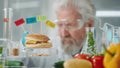 Elderly male researcher examines a sample of burger labeled E142, E240, E121 and E160. Biolog analyzes the quality of