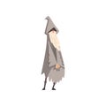 Elderly Male Sorcerer, Gray Bearded Wizard Character Wearing Mantle and Pointed Hat Vector Illustration