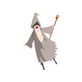 Elderly Male Sorcerer with Magic Staff, Bearded Wizard Character Wearing Mantle and Pointed Hat Vector Illustration