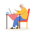 Elderly man adapting to new technologies, flat vector illustration isolated.