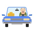 The elderly man behind the wheel of a car.A blue car with red seats.Flat illustrations. Cartoon style.Vector illustration Royalty Free Stock Photo