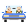 The elderly man behind the wheel of a car.The passenger is an elderly woman.A blue car with red seats.Flat illustrations. Cartoon Royalty Free Stock Photo