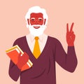 An elderly man with books is showing a victory sign. Royalty Free Stock Photo