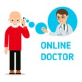 An elderly man calls up a doctor. A young doctor advises the patient the medicine on the phone. Health care and modern