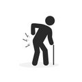 Elderly man with a cane and back injury, pain vector icon isolated on white background