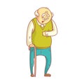 An elderly man with cane suffering from heart pain. Colorful cartoon character