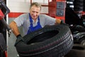 Mechanician removing tire from wheel disc