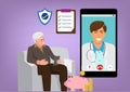 An elderly man consults a doctor online. in health insurance that saves money vector illustration