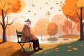 elderly man with dementia sitting on a park bench in autumn, cartoon, Generative AI Royalty Free Stock Photo