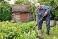 An elderly man digs land in the village. Farmer old man works in the countryside in the garden Royalty Free Stock Photo