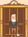 Elderly man with dog stands in retro elevator. Expensive lift for transporting people in building Royalty Free Stock Photo