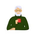 Elderly man is drinking coffee. Gray haired male character green sweater with red cup in hand. Royalty Free Stock Photo