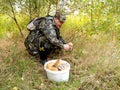 The elderly man gathers mushrooms in the wood