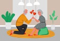 An elderly man gives an elderly woman balloons hearts