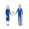 Elderly man giving flowers to woman. Grandpa giving bouquet of f Royalty Free Stock Photo