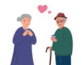 .Elderly man giving a gift box to the elderly woman. Cute romantic illustration with an old couple. .