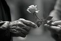 Elderly man giving rose to his wife. Closeup of hands and flower. Generative Ai Royalty Free Stock Photo