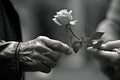 Elderly man giving rose to his wife. Closeup of hands and flower. Generative Ai